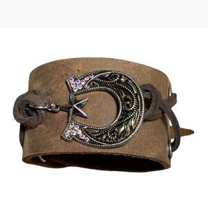Handcrafted Leather Wrap Bracelet with Decorated Horseshoe Charm  Size 7